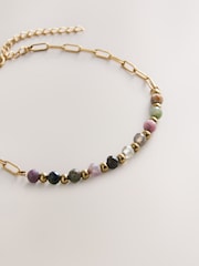 Gold Tone Waterproof Stainless Steel Semi-Precious Stone Paperclip Bracelet - Image 5 of 6