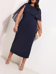 Friends Like These Navy Curve Asymmetric Chiffon Cape Scuba Midi Dress - Image 4 of 4