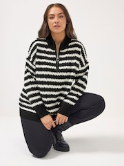 Yours Curve Black Quarter Zip Scallop Stripe Jumper - Image 1 of 6