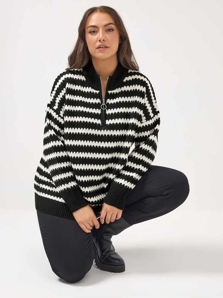 Yours Curve Black Quarter Zip Scallop Stripe Jumper - Image 1 of 6