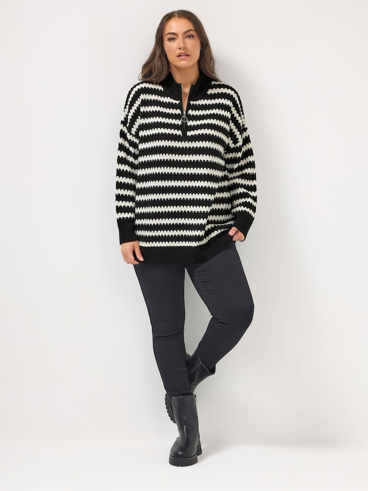 Yours Curve Black Quarter Zip Scallop Stripe Jumper - Image 2 of 6