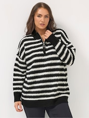 Yours Curve Black Quarter Zip Scallop Stripe Jumper - Image 3 of 6