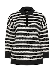 Yours Curve Black Quarter Zip Scallop Stripe Jumper - Image 6 of 6