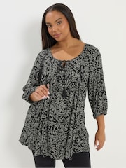 Yours Curve Black 3/4 Sleeve Boho Top - Image 1 of 5