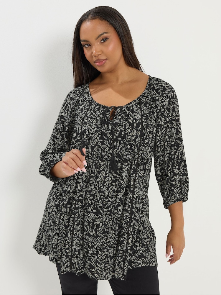 Yours Curve Black 3/4 Sleeve Boho Top - Image 1 of 5 Yours Curve Black 3/4 Sleeve Boho Top - Image 1 of 5
