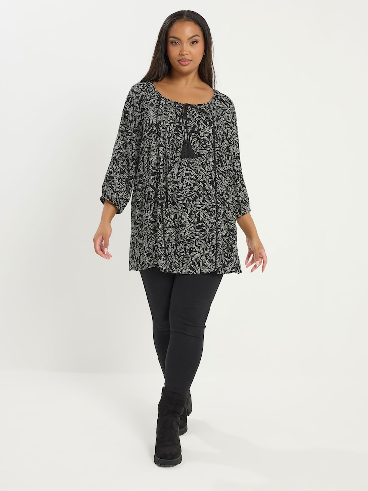 Yours Curve Black 3/4 Sleeve Boho Top - Image 2 of 5 Yours Curve Black 3/4 Sleeve Boho Top - Image 2 of 5