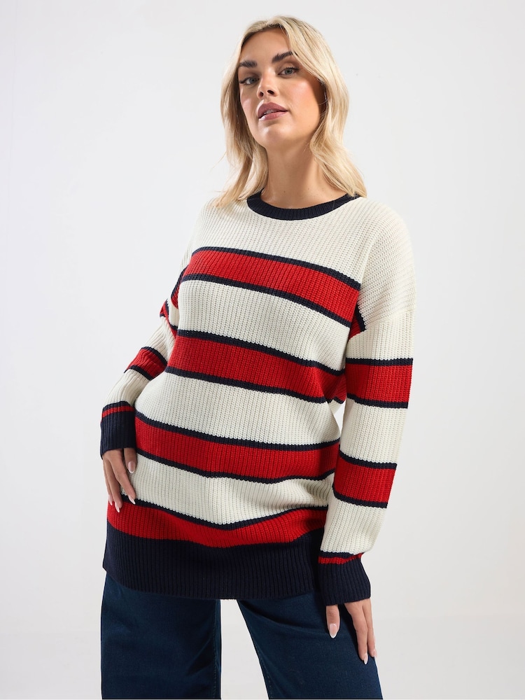 Yours Curve Red Drop Shoulder Stripe Jumper - Image 1 of 5 Yours Curve Red Drop Shoulder Stripe Jumper - Image 1 of 5