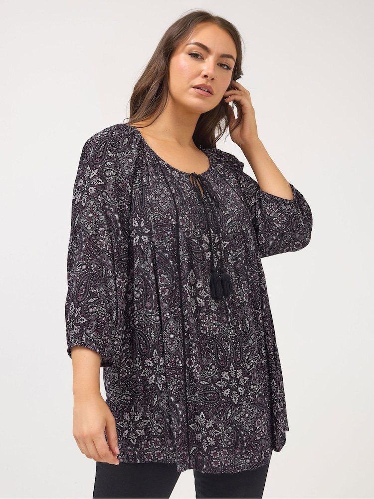 Yours Curve Chrome Black 3/4 Sleeve Boho Top - Image 1 of 5 Yours Curve Chrome Black 3/4 Sleeve Boho Top - Image 1 of 5