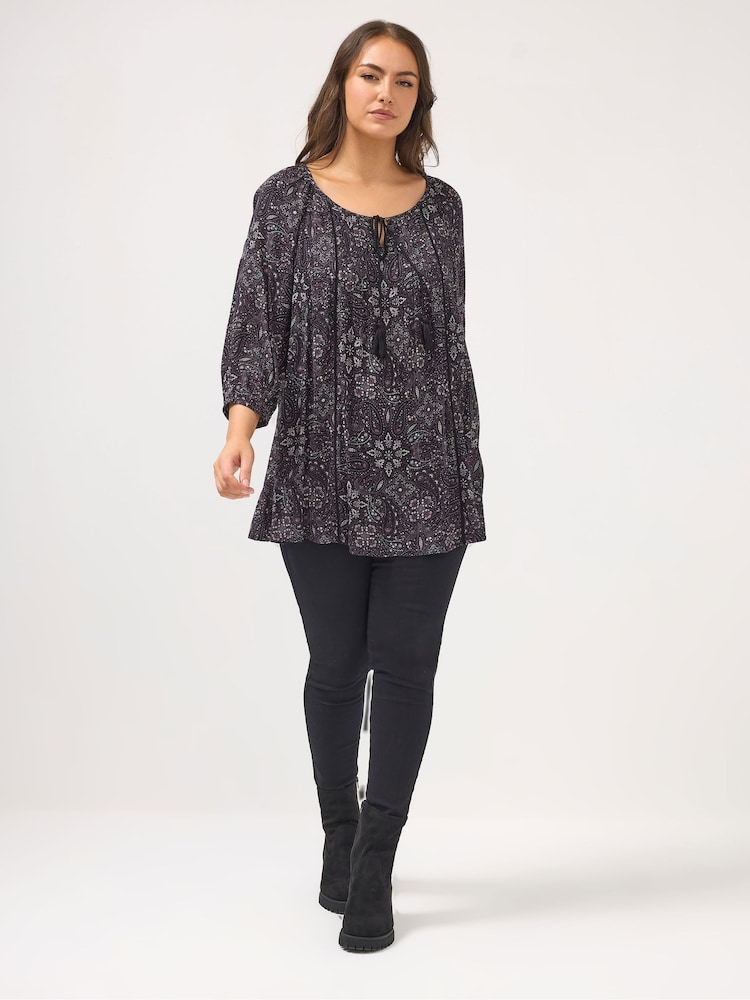 Yours Curve Chrome Black 3/4 Sleeve Boho Top - Image 2 of 5 Yours Curve Chrome Black 3/4 Sleeve Boho Top - Image 2 of 5