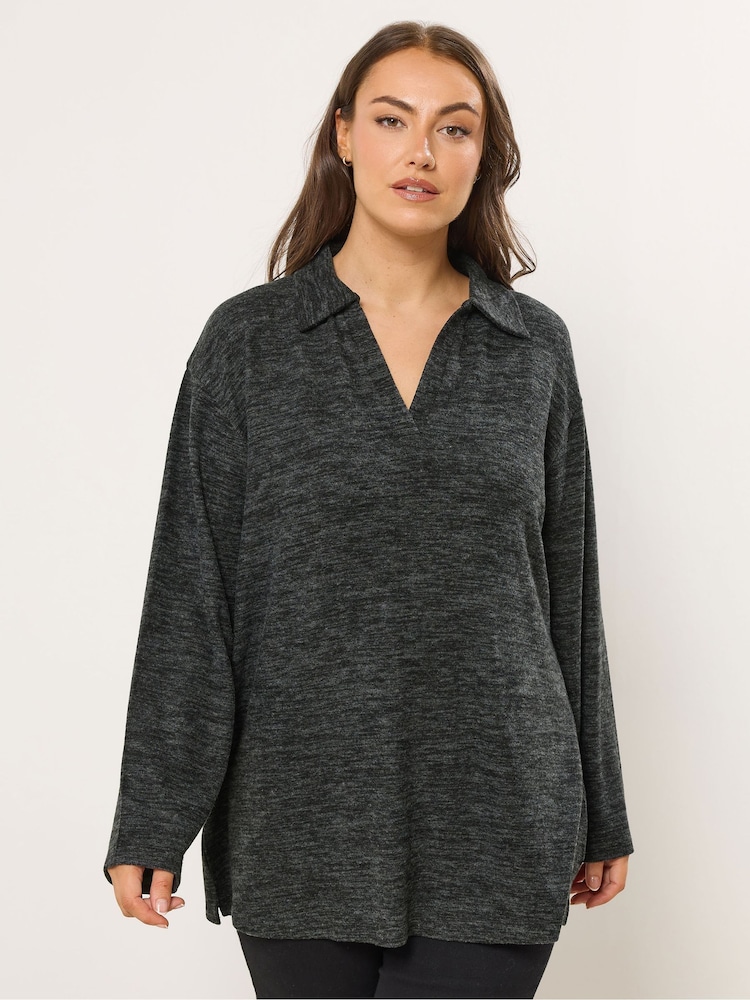 Yours Curve Grey Basic Collared Jumper - Image 1 of 5 Yours Curve Grey Basic Collared Jumper - Image 1 of 5