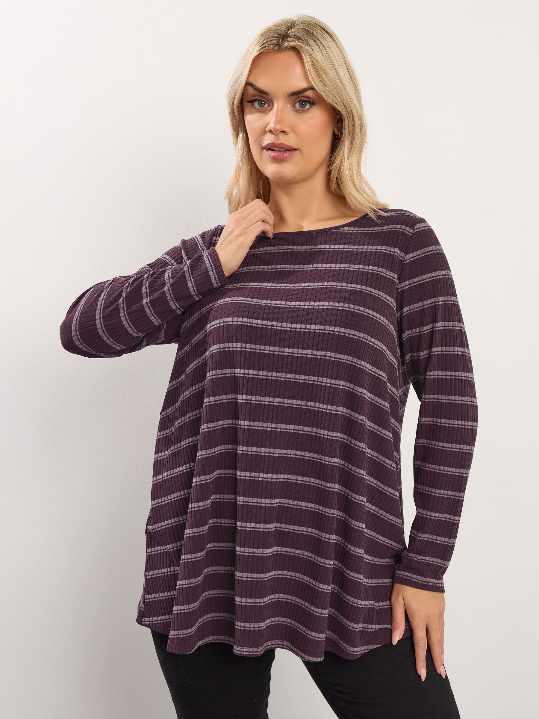 Buy Yours Curve Purple Long Sleeve Striped Ribbed Swing T-Shirt