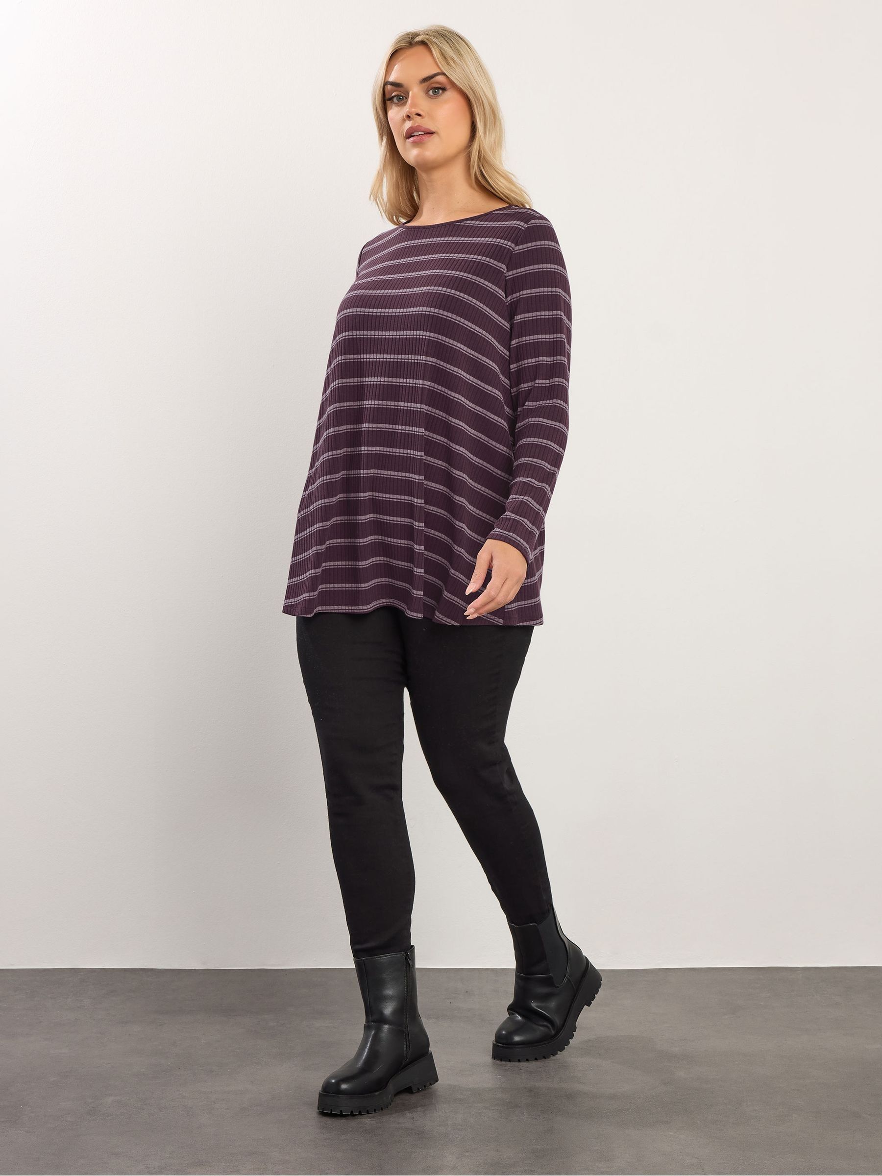 Buy Yours Curve Purple Long Sleeve Striped Ribbed Swing T-Shirt