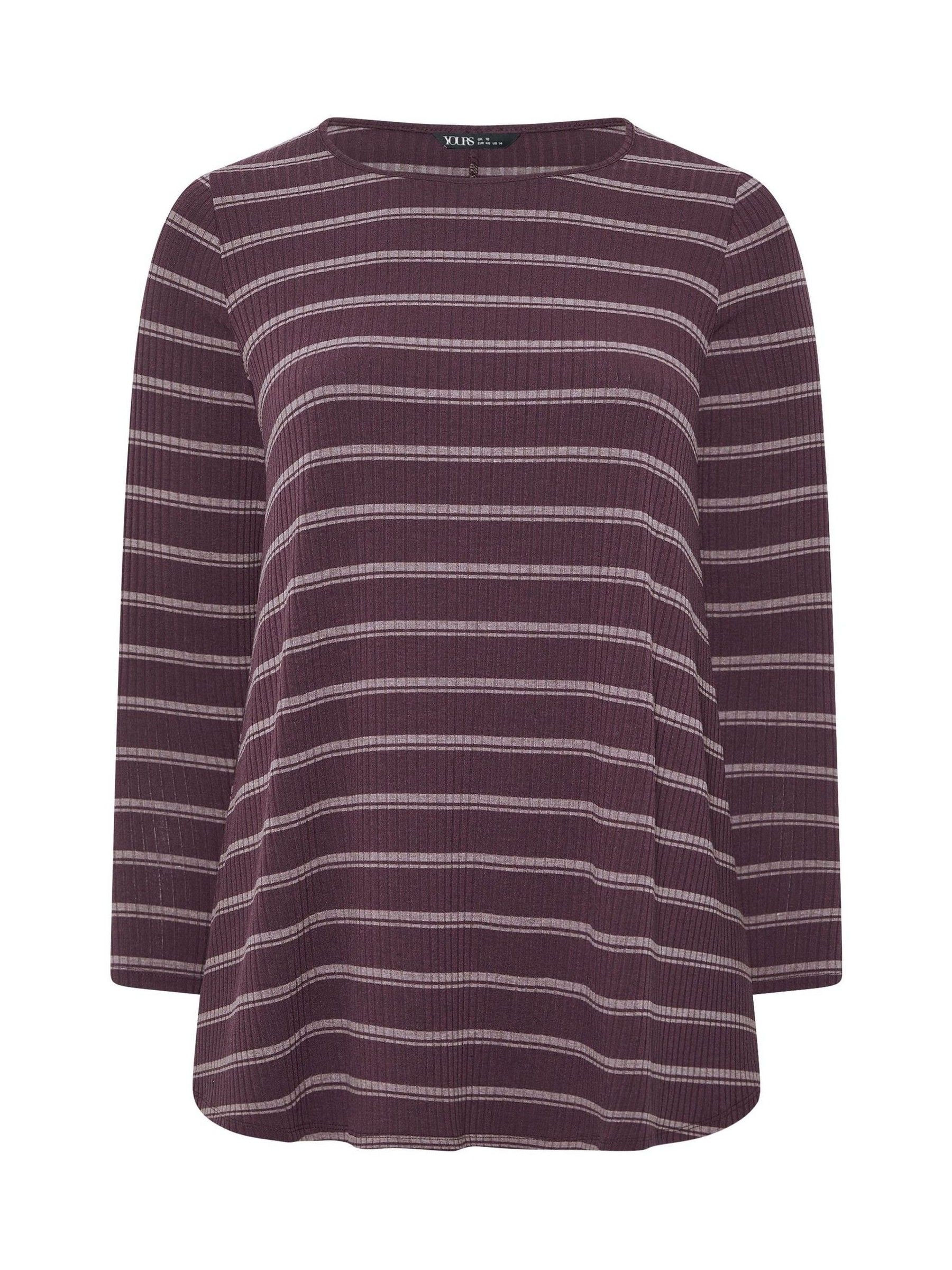 Buy Yours Curve Purple Long Sleeve Striped Ribbed Swing T-Shirt