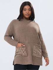 Yours Curve Brown Heat Seal Leopard Pocket Jumper - Image 1 of 6