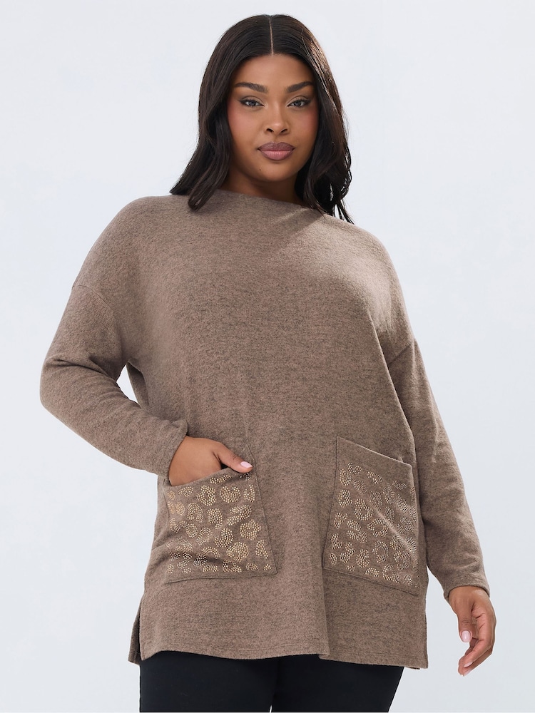 Yours Curve Brown Heat Seal Leopard Pocket Jumper - Image 1 of 6