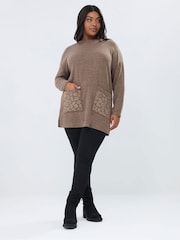 Yours Curve Brown Heat Seal Leopard Pocket Jumper - Image 4 of 6