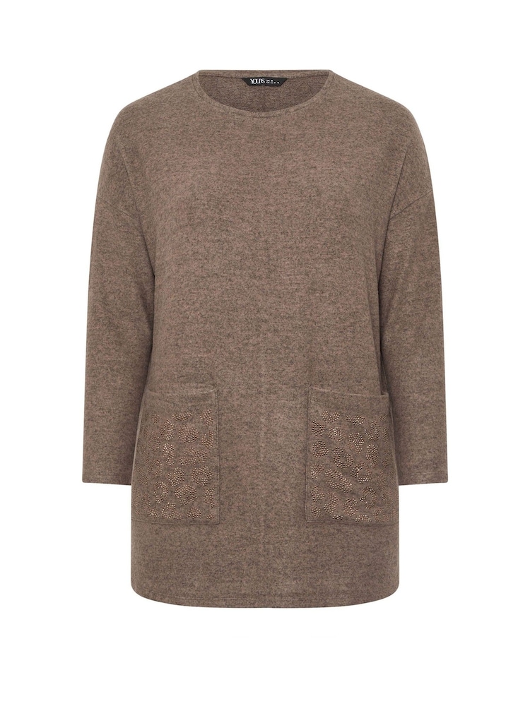 Yours Curve Brown Heat Seal Leopard Pocket Jumper - Image 6 of 6