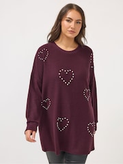 Yours Curve Purple Diamante Heart Jumper - Image 1 of 5