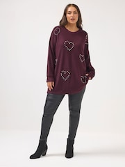 Yours Curve Purple Diamante Heart Jumper - Image 2 of 5