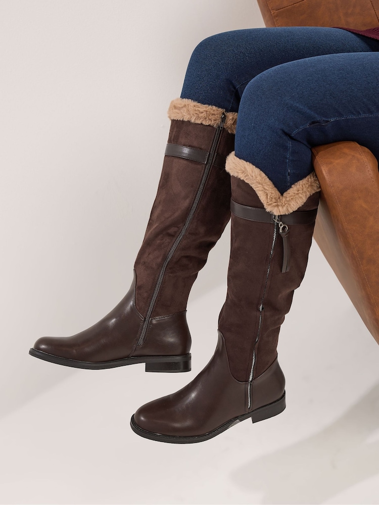 Yours Curve Brown Faux Fur Lined Knee High Boots - Image 1 of 5 Yours Curve Brown Faux Fur Lined Knee High Boots - Image 1 of 5