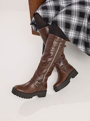 Yours Curve Brown Buckle Detail Knee High Boots - Image 1 of 5