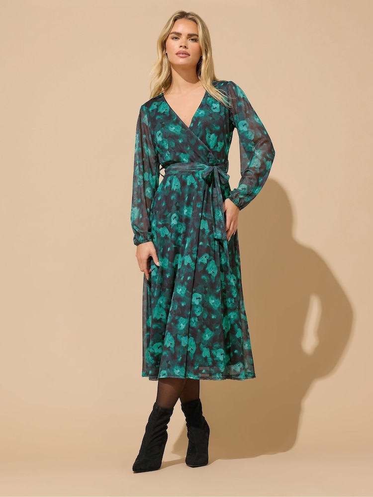 M&Co Green Petite Mesh Wrap Dress - Image 1 of 5 M&Co Green Petite Mesh Wrap Dress - Image 1 of 5