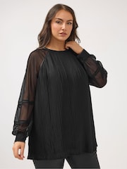 Yours Curve Black Pleated Blouse With PU Trim - Image 1 of 6