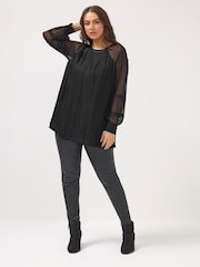 Yours Curve Black Pleated Blouse With PU Trim - Image 2 of 6
