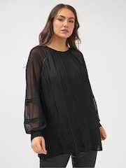 Yours Curve Black Pleated Blouse With PU Trim - Image 3 of 6