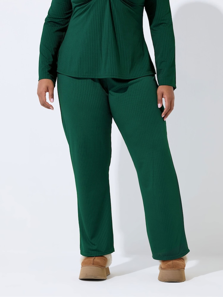 Yours Curve Blue Limited Ribbed Wide Leg Trousers - Image 1 of 5