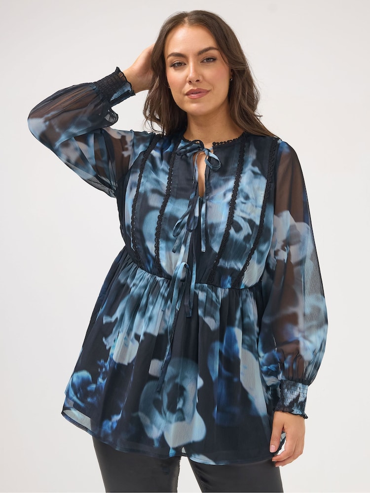 Negro cromado - Yours Curve Crochet Tape Tie Front Blouse - Imagen 1 de 5