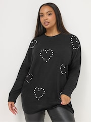 Yours Curve Black Diamante Heart Jumper - Image 1 of 5