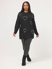 Yours Curve Black Diamante Heart Jumper - Image 3 of 5