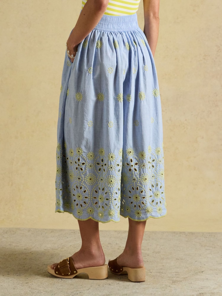 Joules Blue Broderie Cropped Wide Leg Trouser - Image 2 of 7