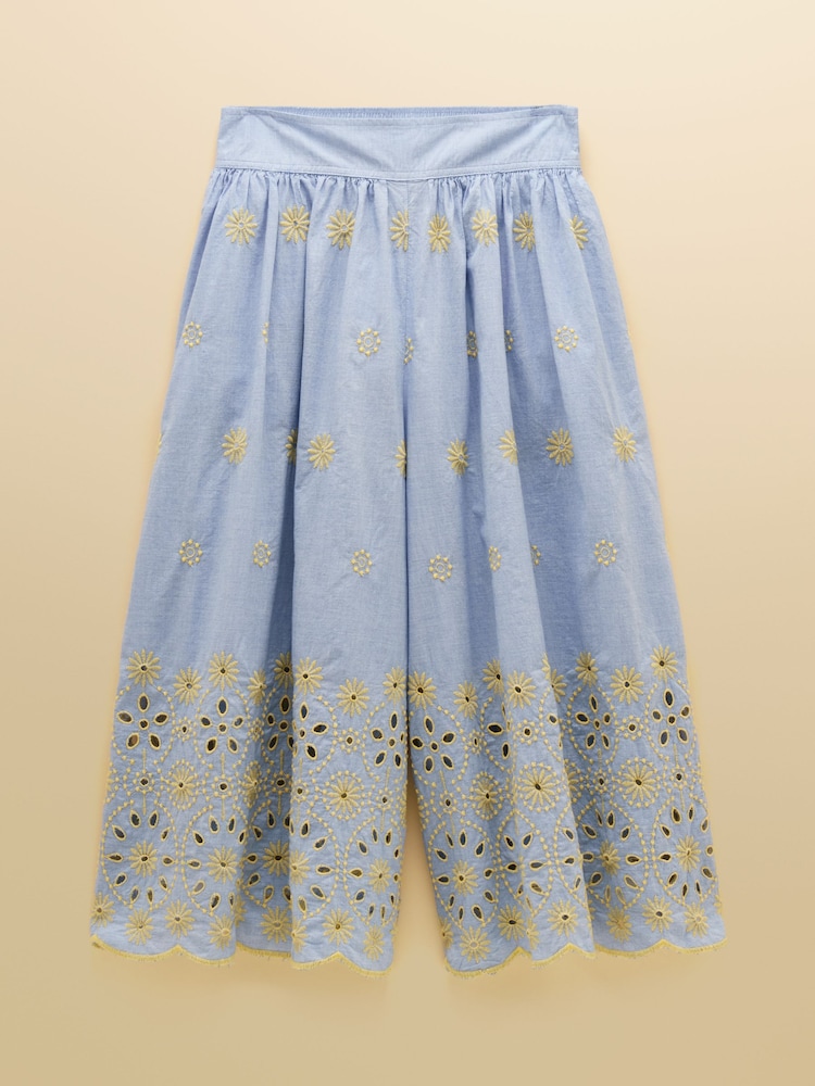 Joules Blue Broderie Cropped Wide Leg Trouser - Image 7 of 7