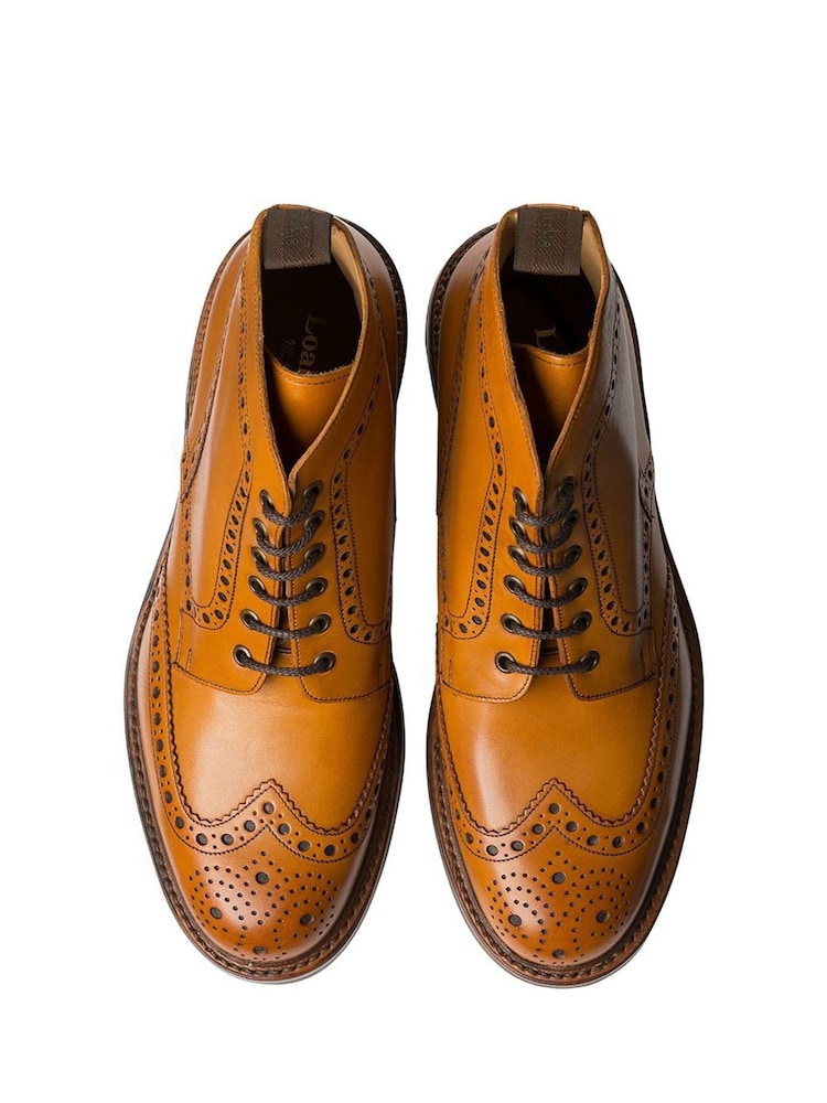 Loake Burnished Calf Leather Heavy Brogue Brown Boots - Image 1 of 3 Loake Burnished Calf Leather Heavy Brogue Brown Boots - Image 1 of 3