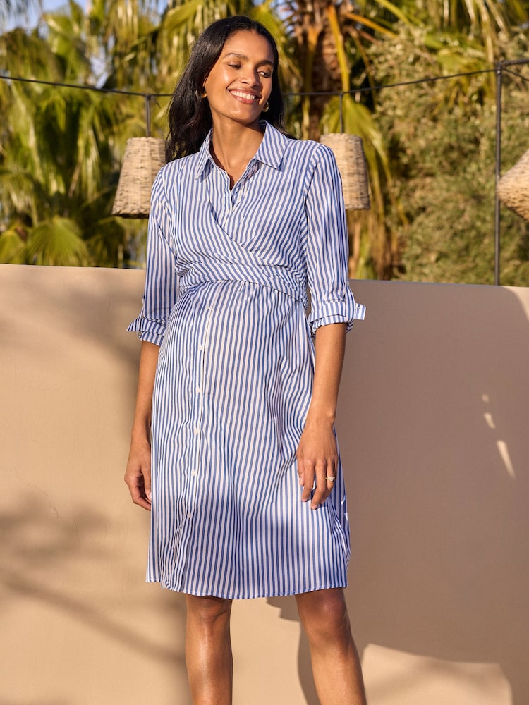 blue and white striped maternity dress Cotton & Lyocell Maternity & Nursing Shirt Dress