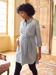 Seraphine Blue Denim Maternity & Nursing Chambray Shirt Dress - Image 1 of 5