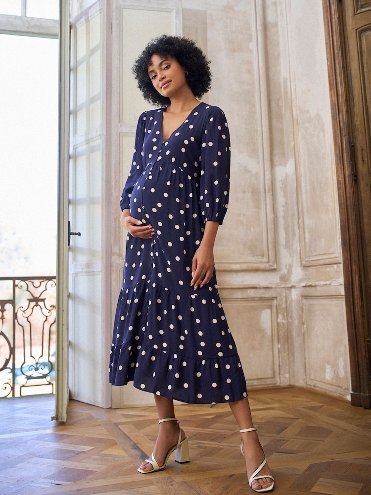 Seraphine Navy Blue Polka Dot Button Through V-Neck Maternity & Nursing Dress - Image 1 of 6 Seraphine Navy Blue Polka Dot Button Through V-Neck Maternity & Nursing Dress - Image 1 of 6