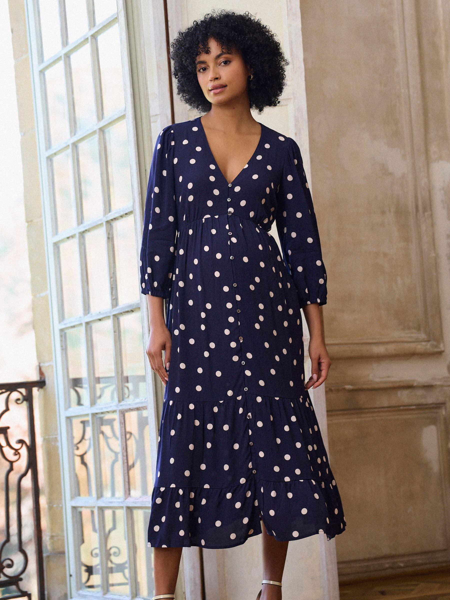 Buy Seraphine Navy Blue Polka Dot Button Through V-Neck Maternity