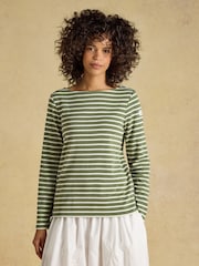 Joules Harbour Khaki Marl & Cream Stripe Long Sleeve Striped Boat Neck Breton Top - Image 1 of 8