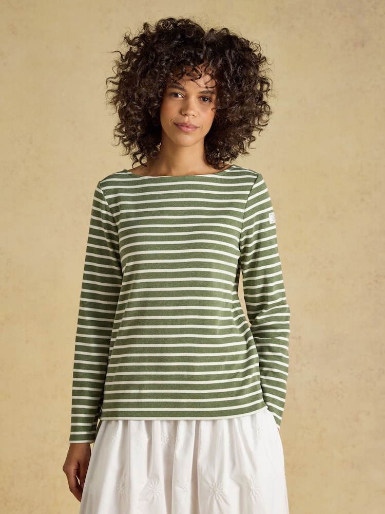 Joules Harbour Khaki Marl & Cream Stripe Long Sleeve Striped Boat Neck Breton Top - Image 1 of 8 Joules Harbour Khaki Marl & Cream Stripe Long Sleeve Striped Boat Neck Breton Top - Image 1 of 8
