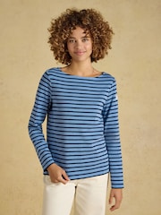 Joules Harbour Blue Marl Long Sleeve Striped Boat Neck Breton Top - Image 1 of 9