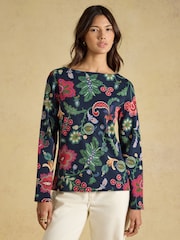 Harbour Navy Floral Printed Boat Neck 100% Cotton Jersey Top - Image 1 of 8