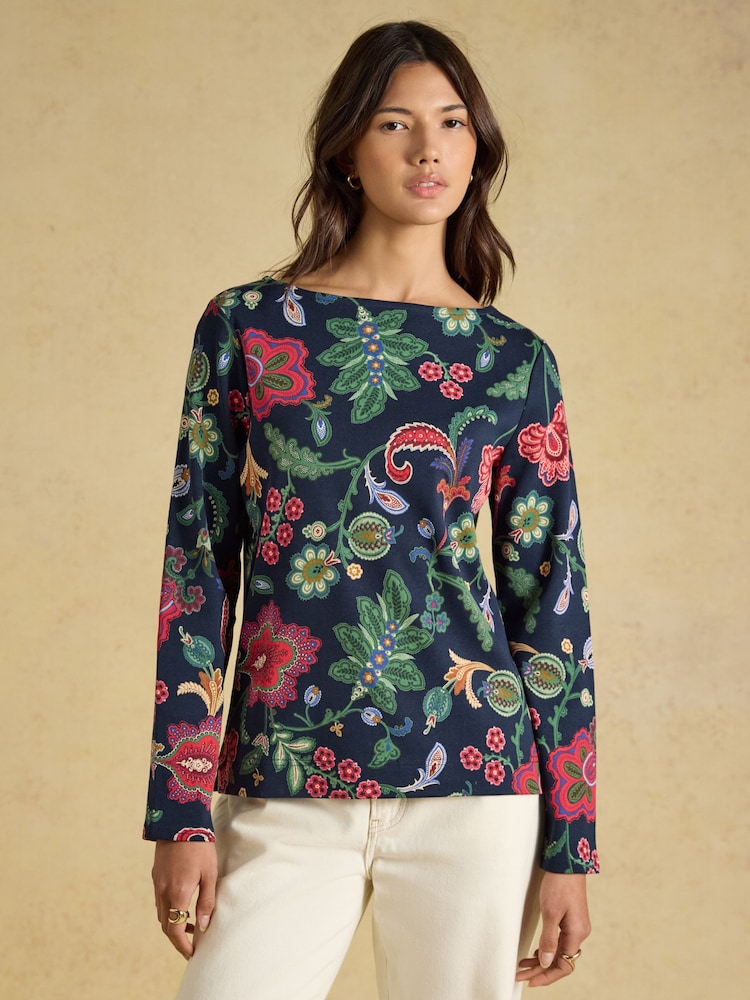 Harbour Navy Floral Printed Boat Neck 100% Cotton Jersey Top - Image 1 of 8 Harbour Navy Floral Printed Boat Neck 100% Cotton Jersey Top - Image 1 of 8