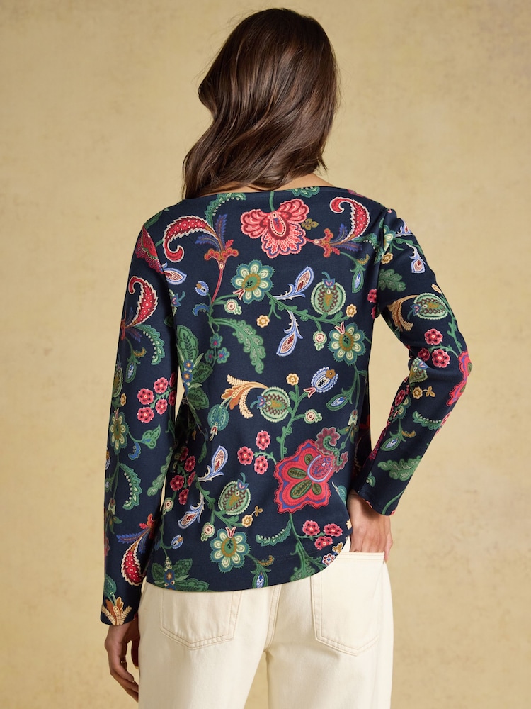 Harbour Navy Floral Printed Boat Neck 100% Cotton Jersey Top - Image 2 of 8 Harbour Navy Floral Printed Boat Neck 100% Cotton Jersey Top - Image 2 of 8