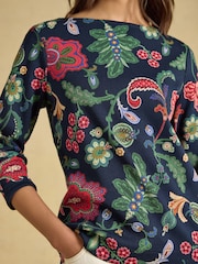 Harbour Navy Floral Printed Boat Neck 100% Cotton Jersey Top - Image 4 of 8