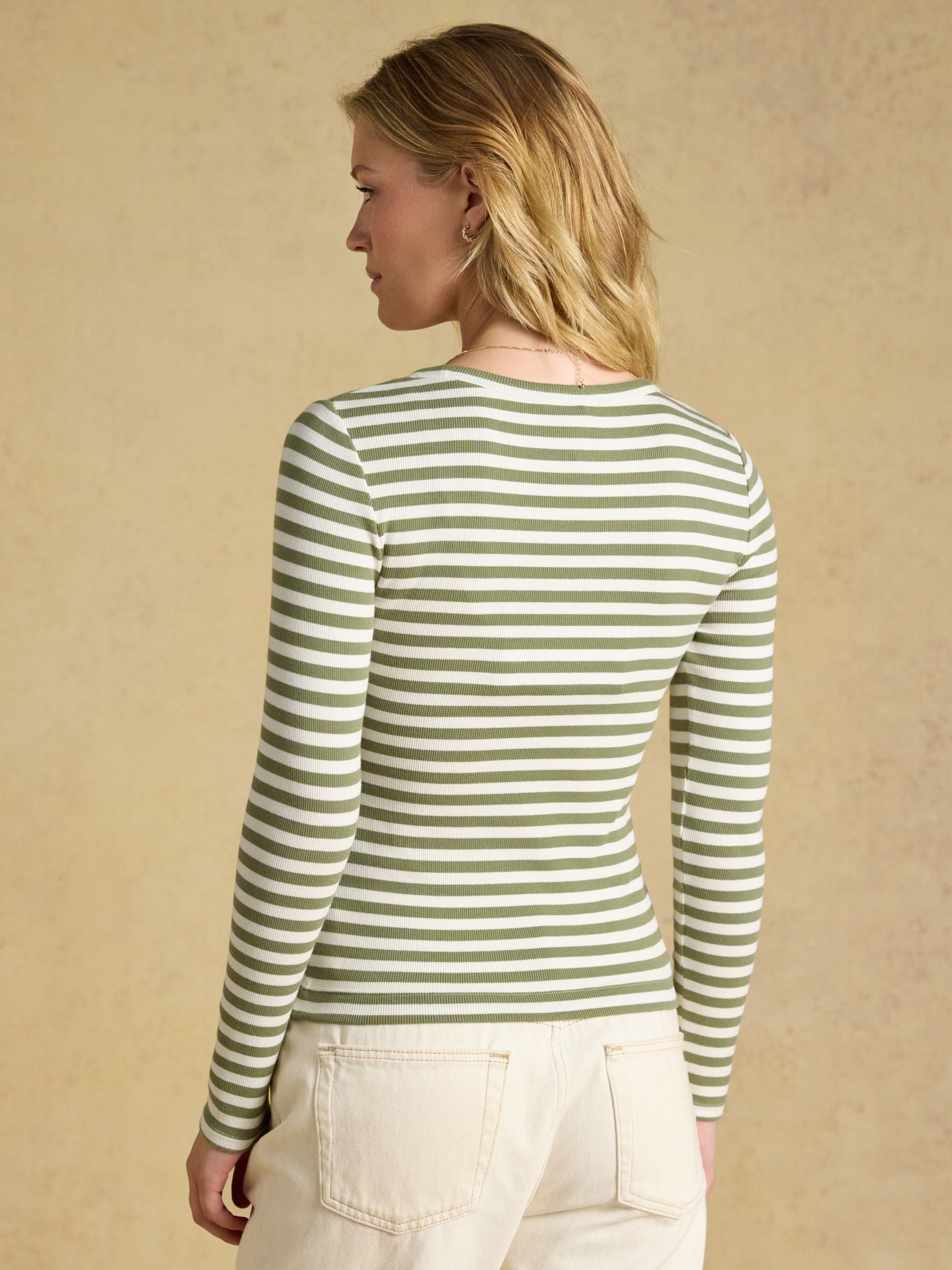 Buy Joules Sophie Khaki Green Long Sleeve Ribbed Fitted T-Shirt