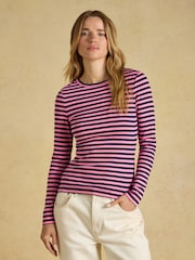Navy& Pink Striped - Joules Sophie Ribbed Fitted T-Shirt - Image 1 of 7