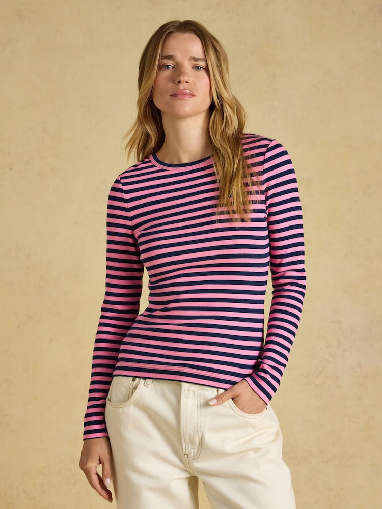 Navy& Pink Striped - Joules Sophie Ribbed Fitted T-Shirt - Image 1 of 7
